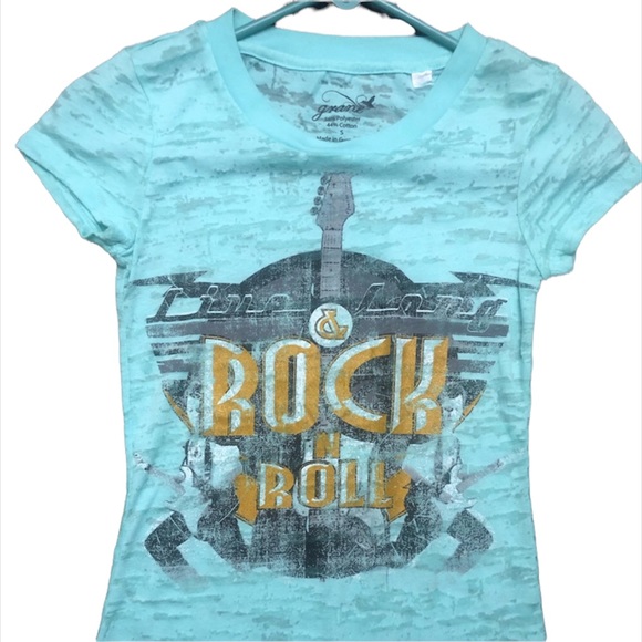 NWOT Grane Mint Green Burnout ROCK N ROLL Guitar T-Shirt SZ Small - Picture 1 of 4